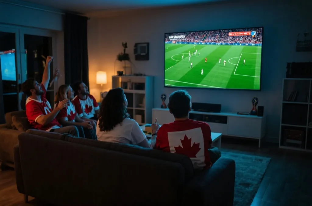 加拿大队球迷在世界杯夜晚围坐观看比赛，屏幕映出绿茵场与欢呼氛围